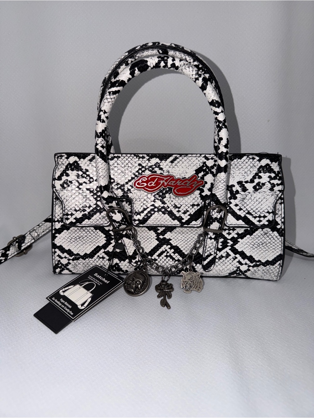 Ed Hardy Black & White Snake Print Satchel with Logo Charm
